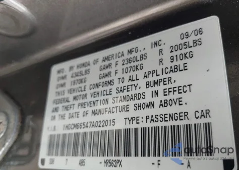 2007 Honda Accord 3.0 Ex from USA, damaged, VIN 1HGCM66547A022015